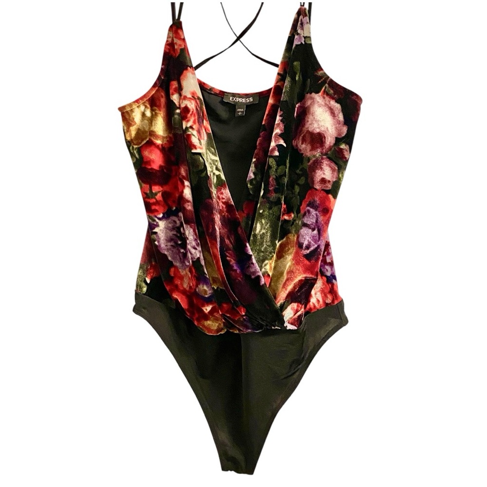 EXPRESS Velvet Floral Bodysuit Sz S Cami Strings Straps V Neck Tapestry Evening